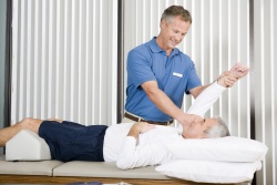 Photos of physical therapist working on man's shoulder